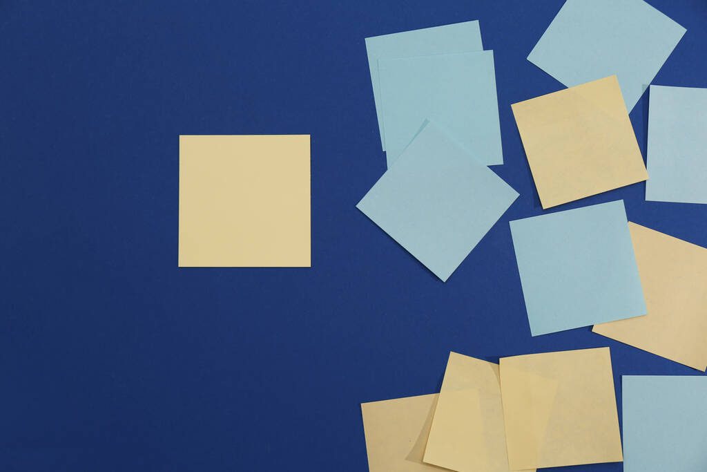 Colorful sticky notes on blue background, flat lay - Photo, Image