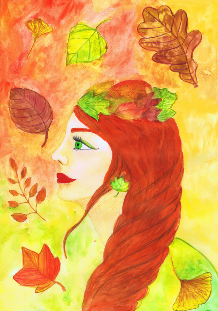 Πορτρέτο ενός κοριτσιού με φθινοπωρινά φύλλα. Παιδική ζωγραφιά - Φωτογραφία, εικόνα