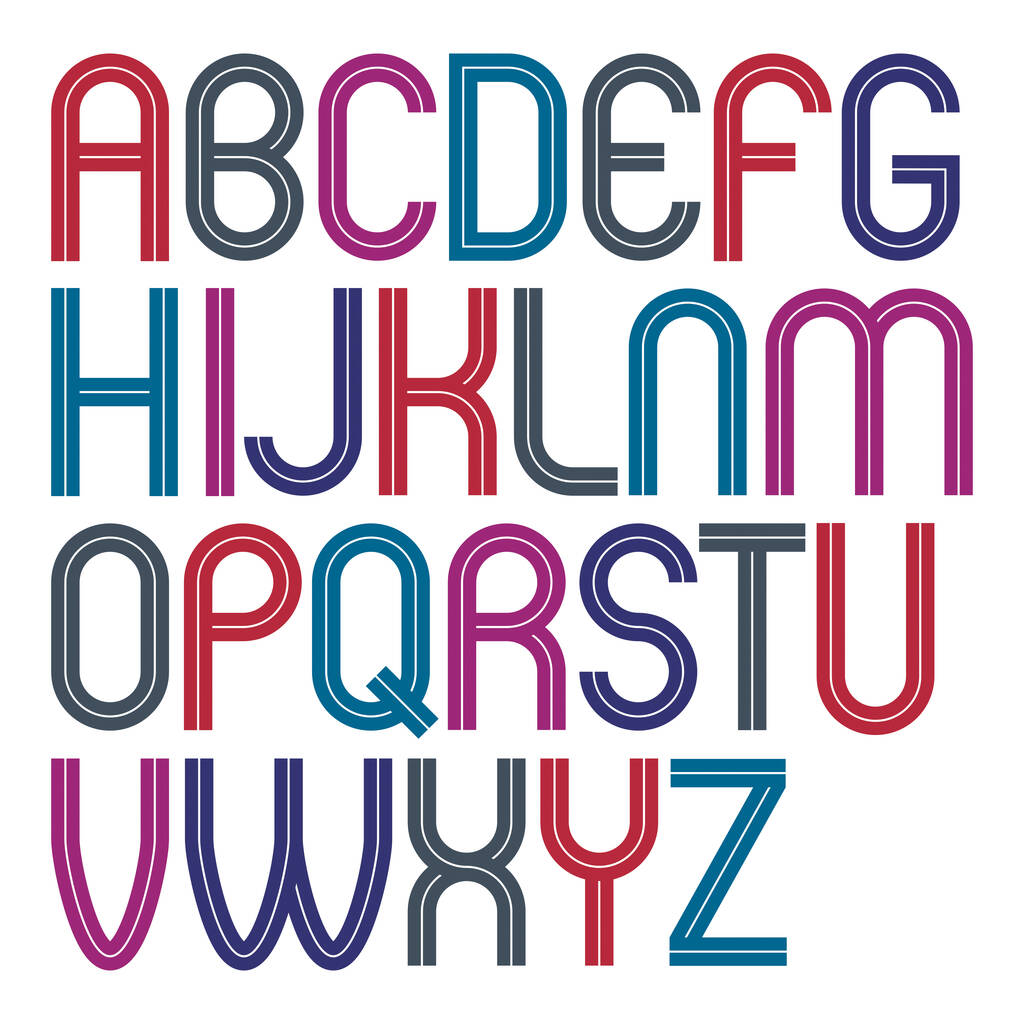 Letras de alfabeto redondeadas en mayúsculas vectoriales hechas con líneas blancas, las mejores para usar en el diseño de logotipos en el tema de telecomunicaciones - Vector, imagen