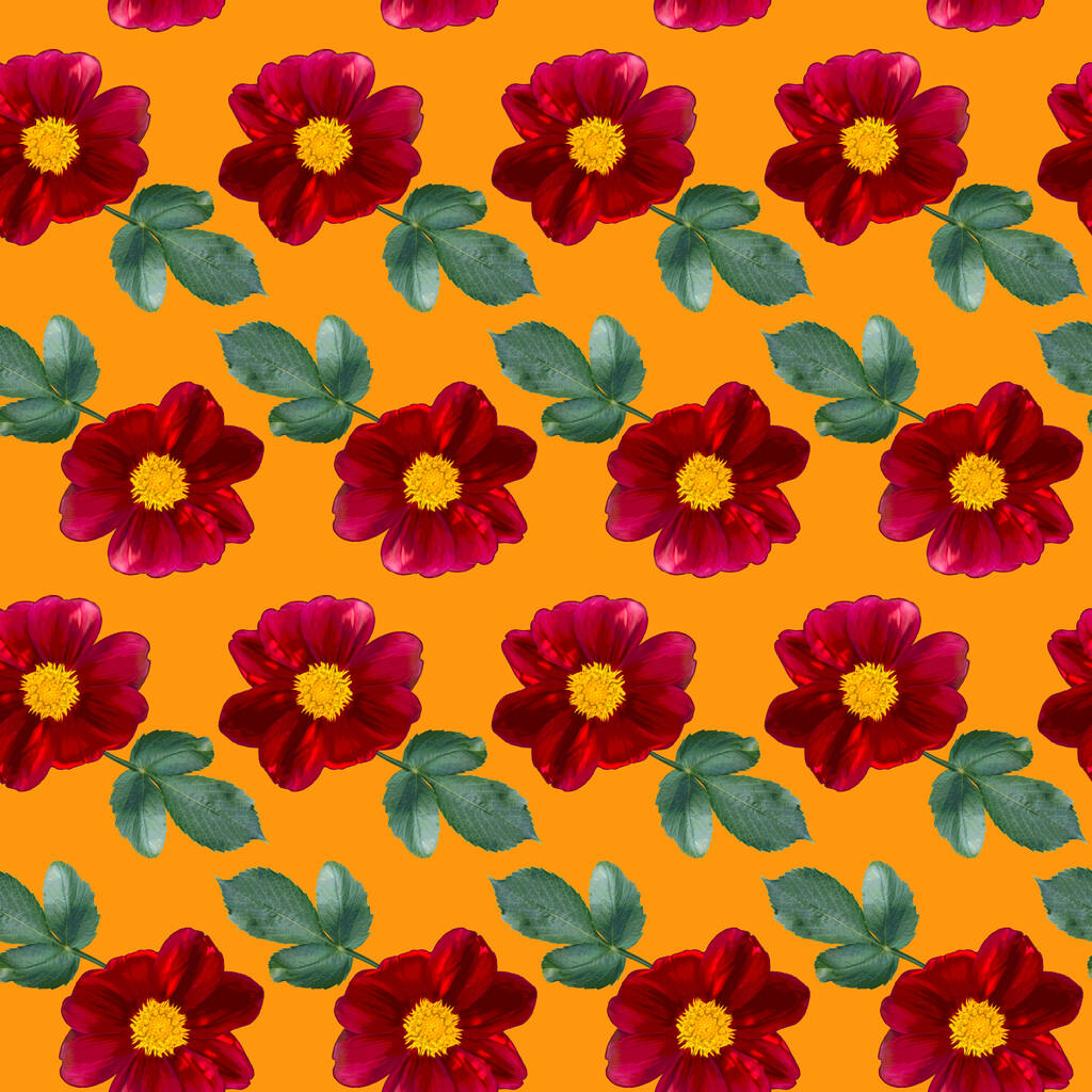 Modello senza cuciture con fiori rossi di Dahlia e foglie verdi su sfondo arancione. Infinita consistenza floreale. Illustrazione colorata raster. - Foto, immagini