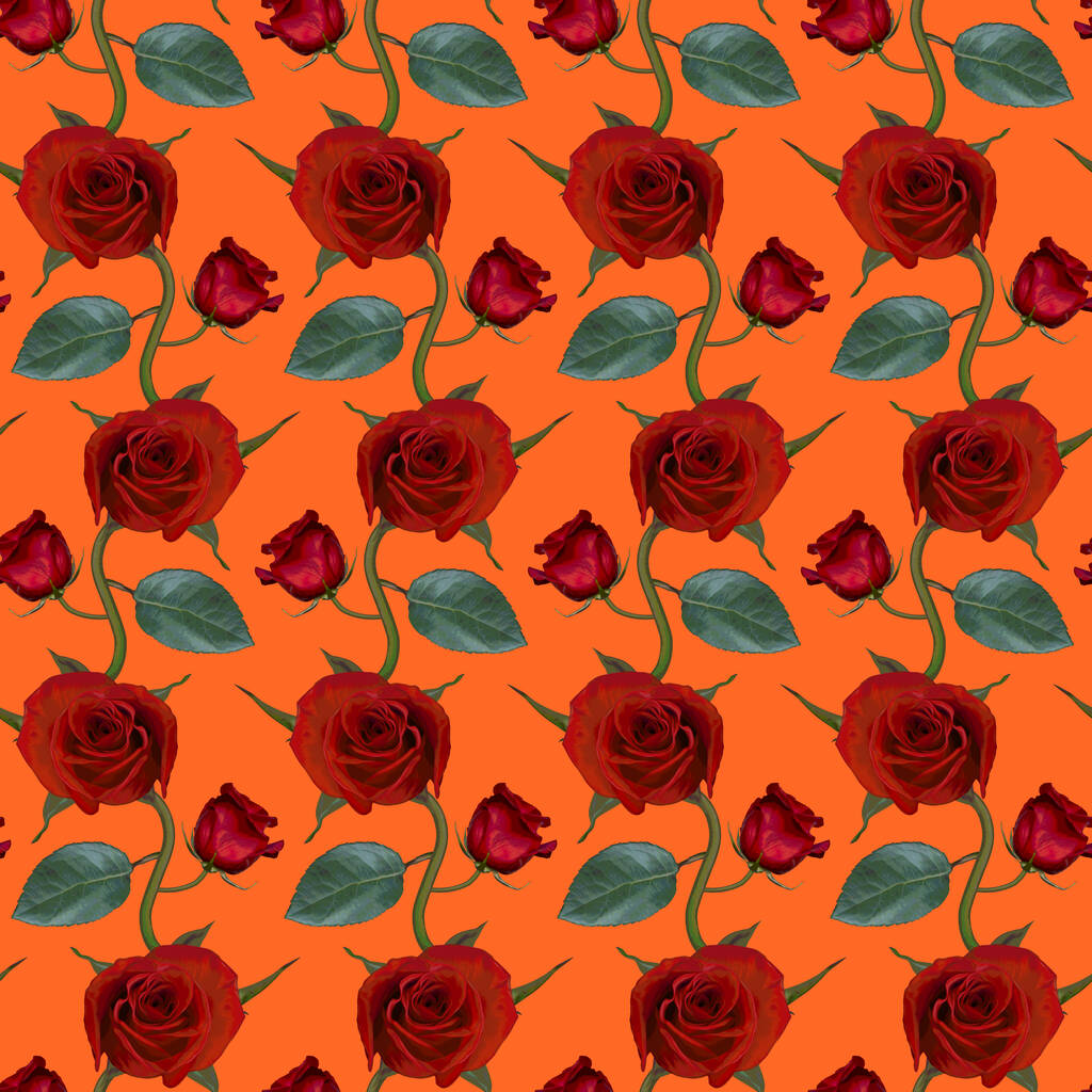 Płynny wzór z czerwonymi kwiatami róż i zielonymi liśćmi na pomarańczowym tle. Niekończąca się kolorowa tekstura kwiatowa. Raster ilustracja. - Zdjęcie, obraz