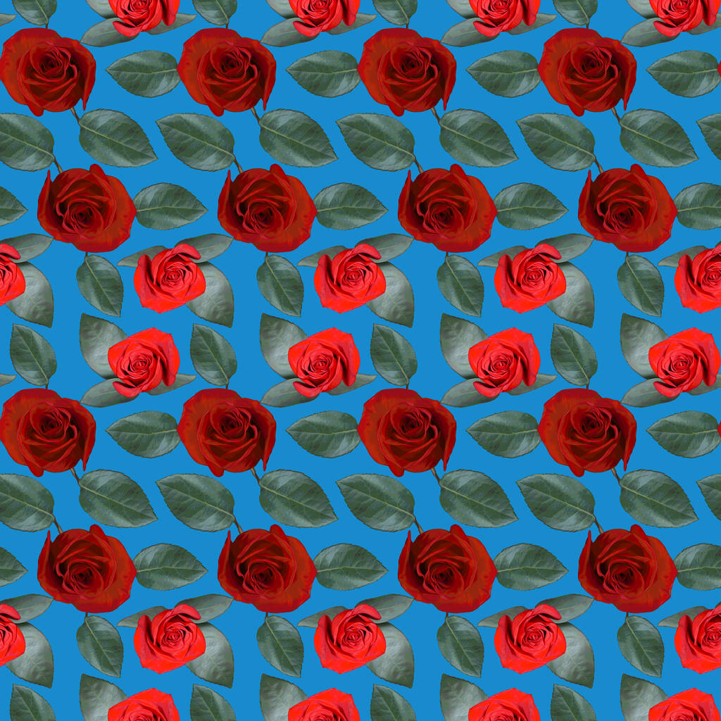 青い背景に赤バラの花や緑の葉を持つシームレスなパターン。無限のカラフルな花の質感。ラスターイラスト. - 写真・画像