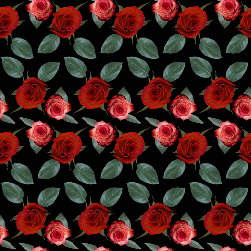 Patrón sin costuras con flores de color rojo, rosa y hojas verdes sobre fondo negro. Textura floral infinita y colorida. Ilustración de trama. - Foto, imagen