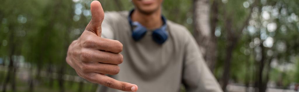 vista ritagliata di uomo afroamericano offuscata mostrando appendere gesto sciolto, banner - Foto, immagini
