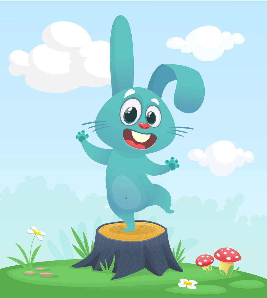 Dibujos animados divertido y feliz conejo de pie en el prado de verano en el tocón del árbol. Ilustración vectorial de liebre de conejo de Pascua aislada - Vector, Imagen