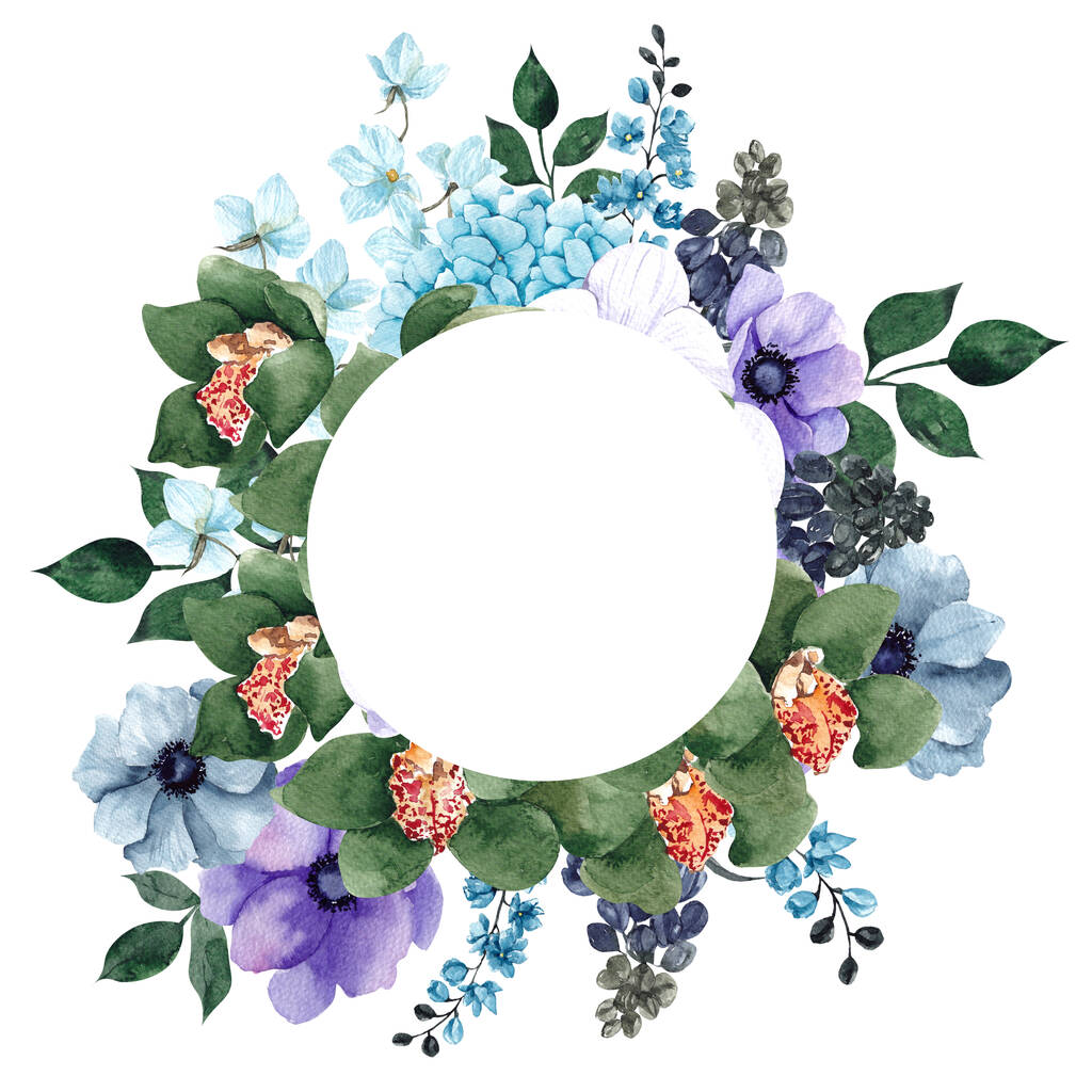 Aquarel frame met regenboog bloemen en bladeren, geïsoleerd op witte achtergrond - Foto, afbeelding