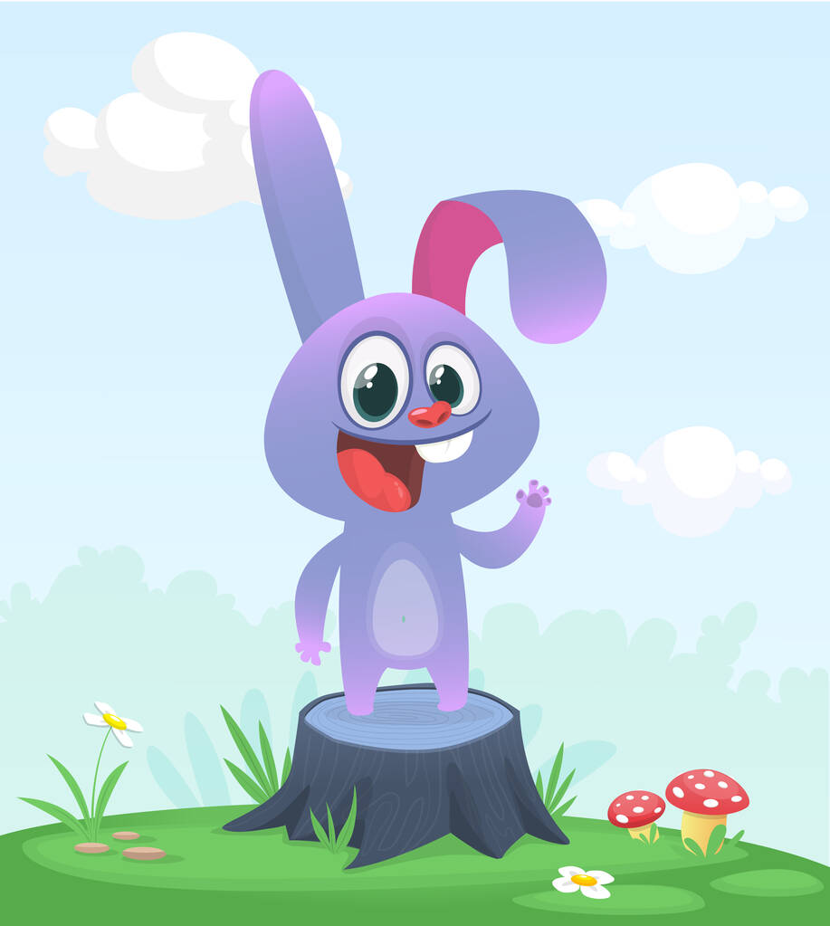 Kreslený legrační a šťastný králík stojící na letní louce na pařezu stromu. Vektorová ilustrace velikonočního zajíce izolovaného - Vektor, obrázek