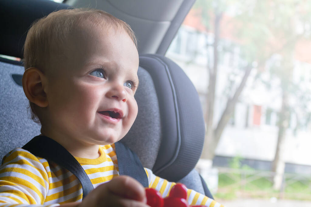 Happy baby sitting in car seat, playing.  - Fotografie, Obrázek