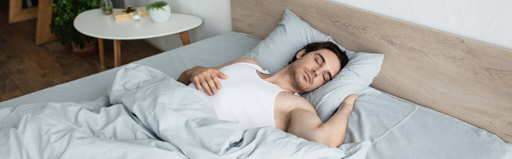 joven morena hombre durmiendo en azul ropa de cama en la mañana, pancarta - Foto, imagen
