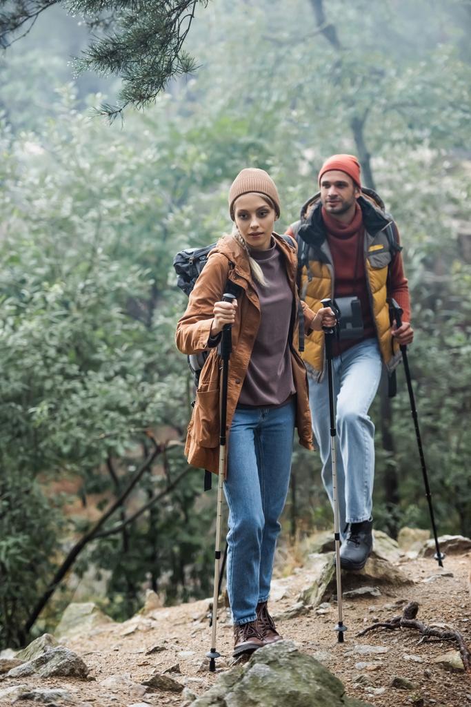 full length of couple in hats holding hiking sticks while trekking in forest - Φωτογραφία, εικόνα