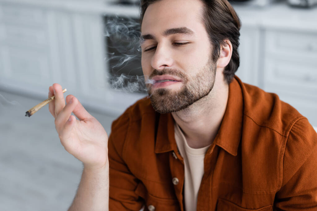 ひげを生やした男は自宅で大麻のタバコを吸う  - 写真・画像