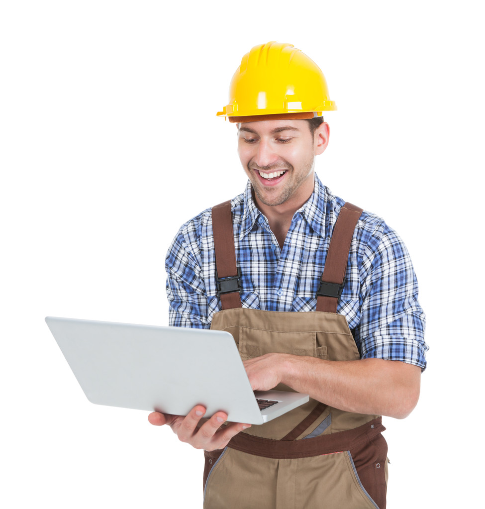 Trabalhador manual usando laptop
 - Foto, Imagem