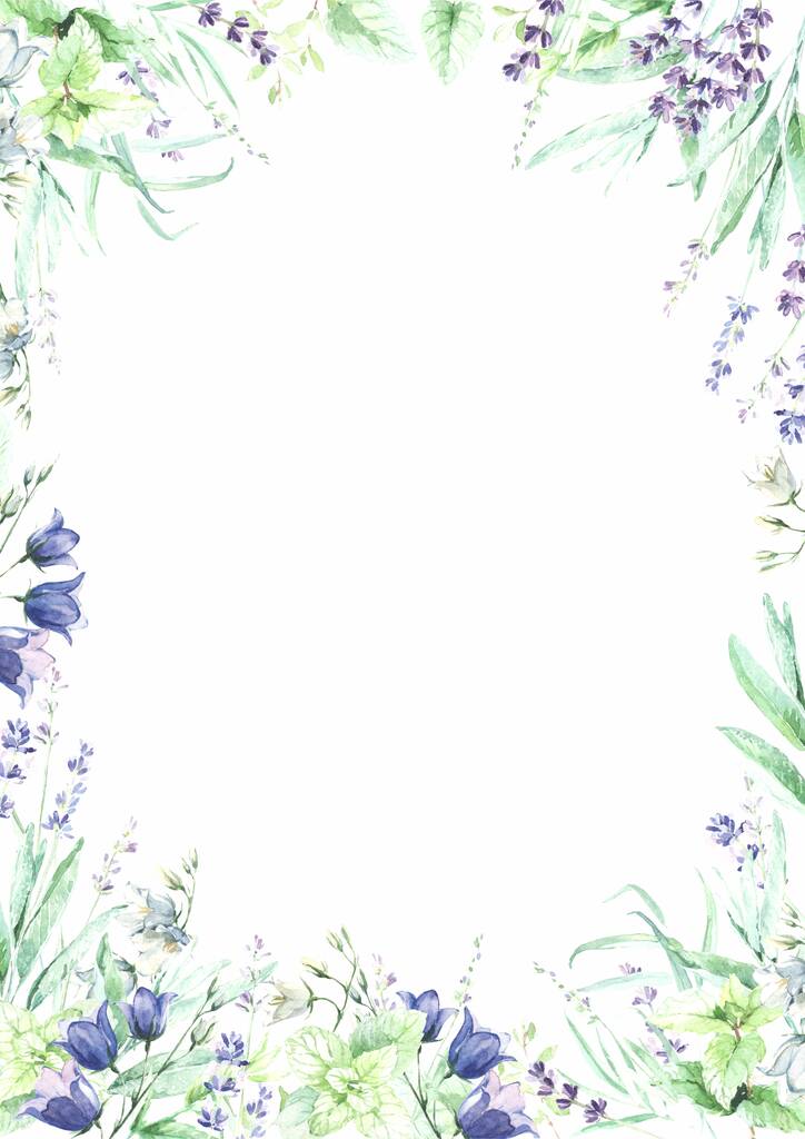 akwarela kwiaty tło ramka żona dzwoneczek, lawenda, las zioła - Zdjęcie, obraz