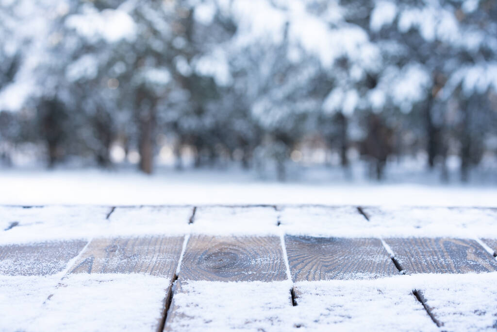 Прекрасна зимова сцена. розмитий фон сніжної різдвяної природи, дерев'яна стільниця на блискучому боке. Для відображення продукту Різдвяний час сміється
  - Фото, зображення
