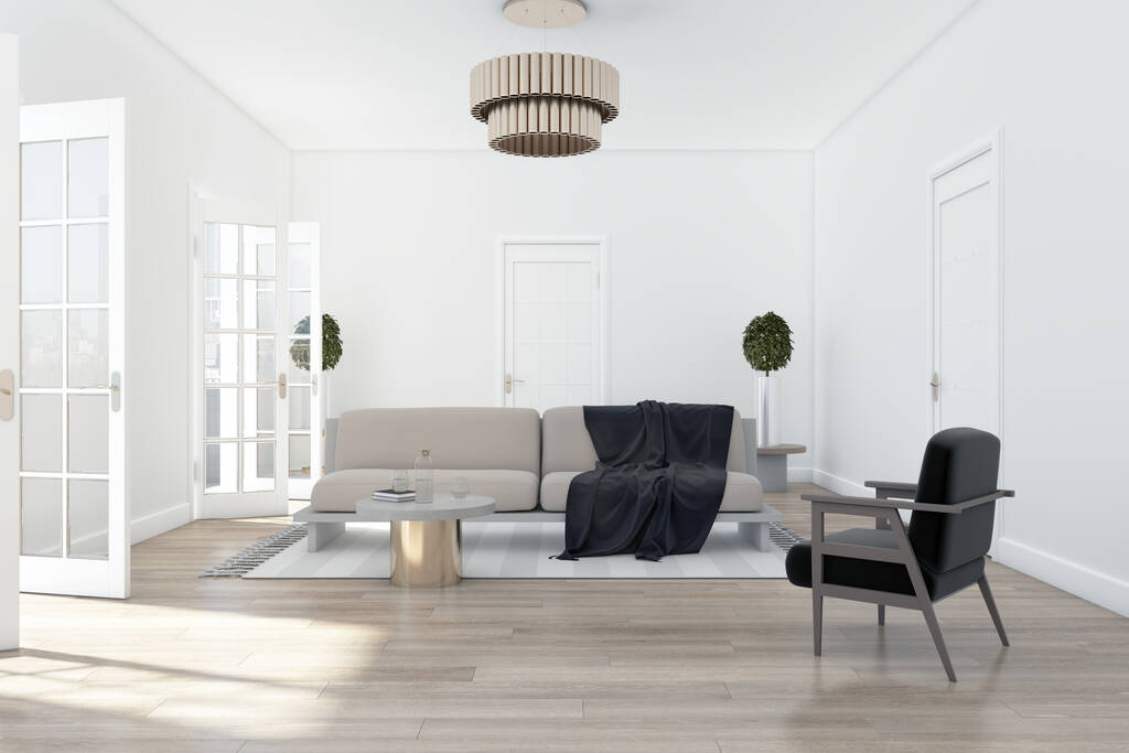 Modern, fehér belső tér bútorokkal, fapadlóval, párnás kanapéval, erkélyes ajtókkal, kilátás a városra és a napfényre. 3D Renderelés - Fotó, kép