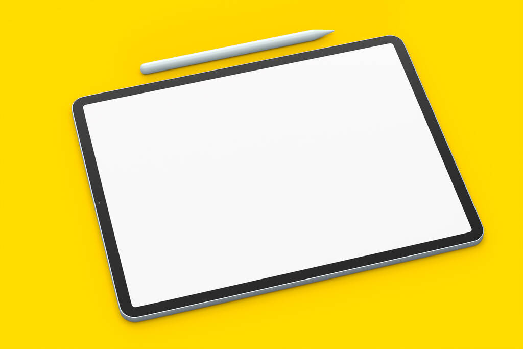 Počítačová tableta s tužkou izolovanou na žlutém pozadí. 3D vykreslování koncepce kreativního designového vybavení a kompaktního pracovního prostoru - Fotografie, Obrázek