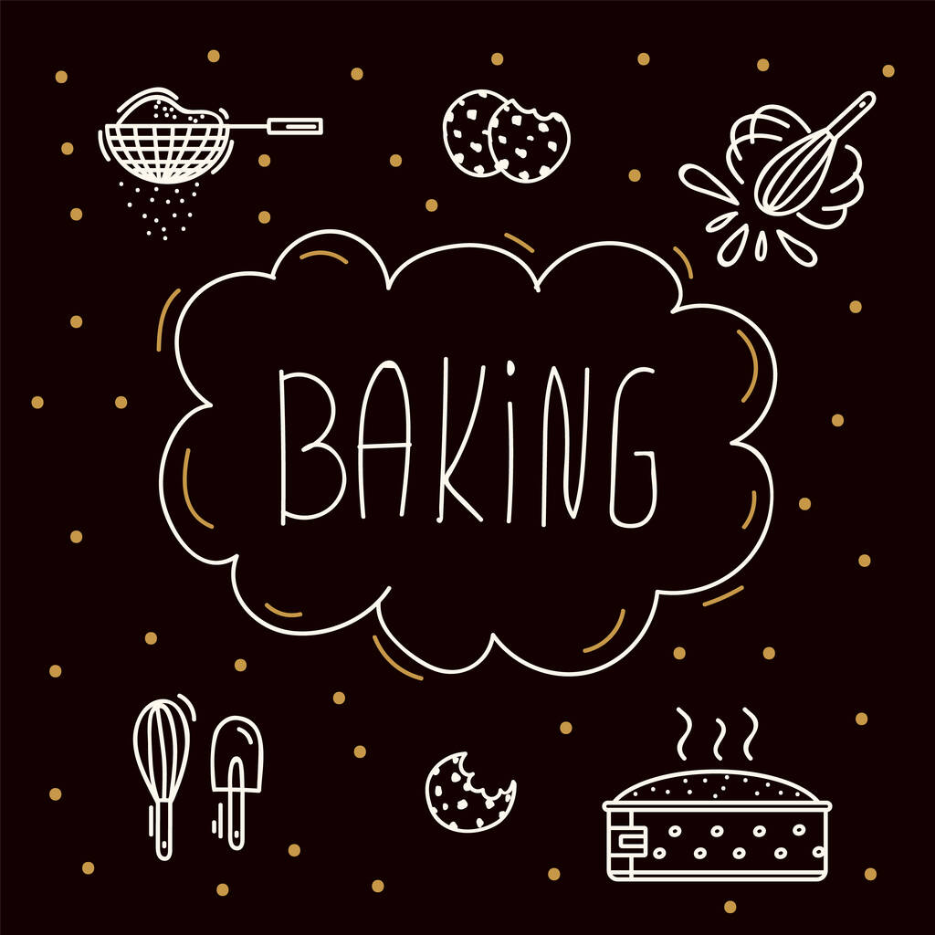 Poster di ingredienti da forno con l'iscrizione. Un'illustrazione con lettere per una ricetta di pasta di farina. Scheda vettoriale lineare per la cucina. - Vettoriali, immagini