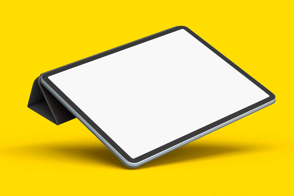 Sarı arka planda izole edilmiş kapaklı bilgisayar tableti. Yaratıcı tasarım ekipmanı ve kompakt çalışma alanı üç boyutlu oluşturma kavramı - Fotoğraf, Görsel