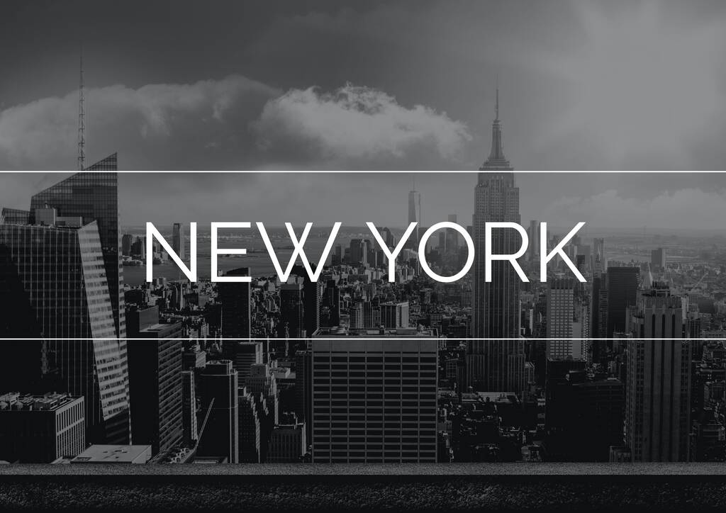 New Yorkin tekstin koostumus kaupunkimaiseman yllä. matkustaminen verkossa myynninedistämistarkoituksessa käsite digitaalisesti luotu kuva. - Valokuva, kuva