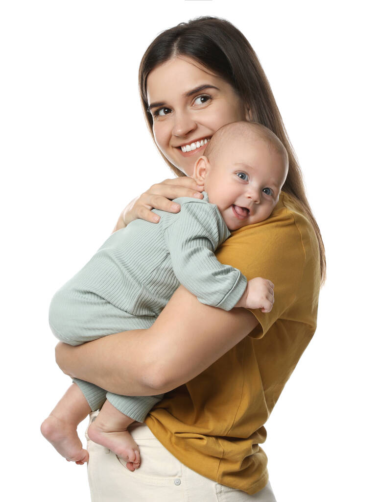Schöne Mutter mit ihrem niedlichen Baby auf weißem Hintergrund - Foto, Bild