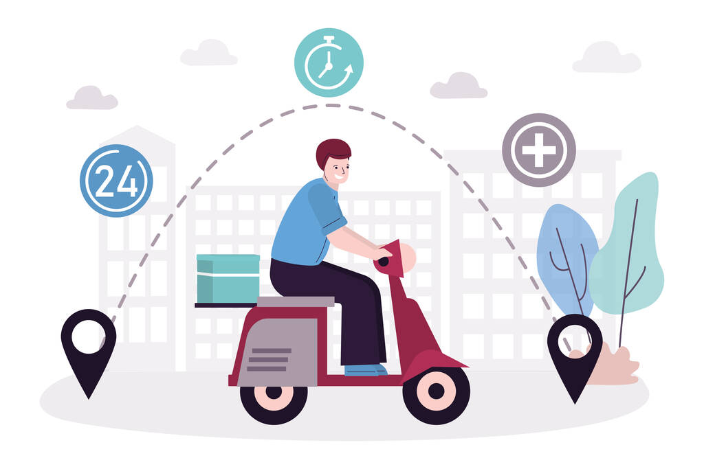 Courier on moped delivers medicaments. Man delivering medical supplies, bottles liquids and pills. Drug store. Shopping concept, fast delivery. Online pharmacy. Transport company. Vector illustration - Vector, Image