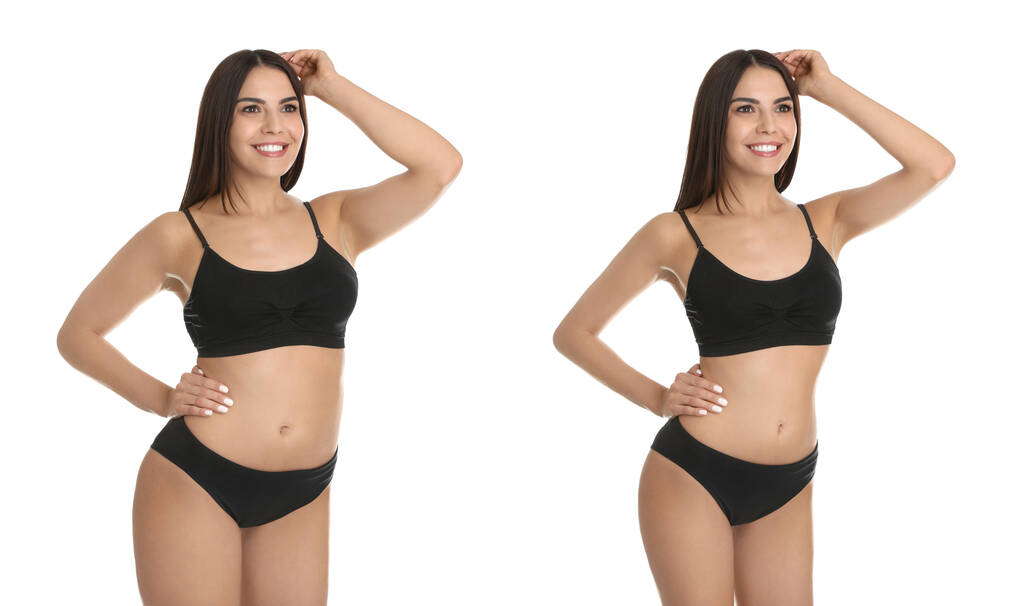 Koláž s fotografiemi ženy před a po hubnutí dieta na bílém pozadí - Fotografie, Obrázek