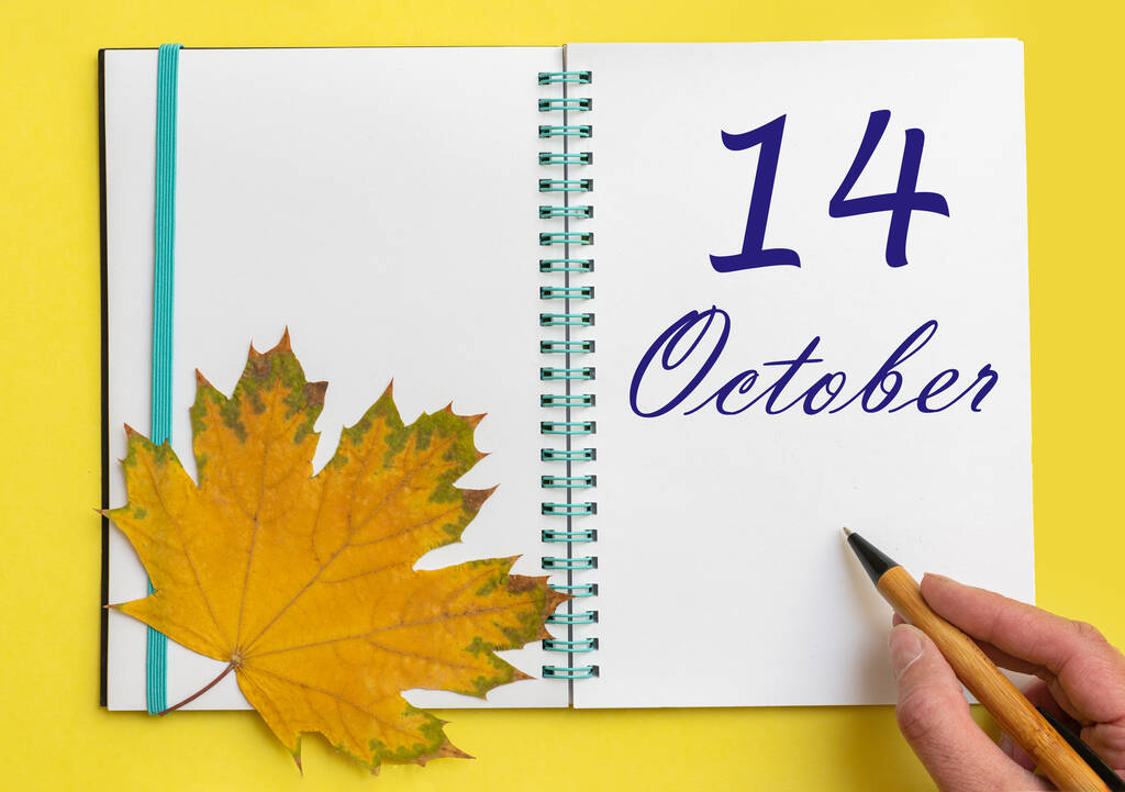 Ekim 'in 14' ünde. 14 Ekim tarihini açık bir deftere el yazısıyla yazmak. Sarı arka planda güzel bir doğal akçaağaç yaprağı. Sonbahar ayı, yılın günü konsepti.. - Fotoğraf, Görsel