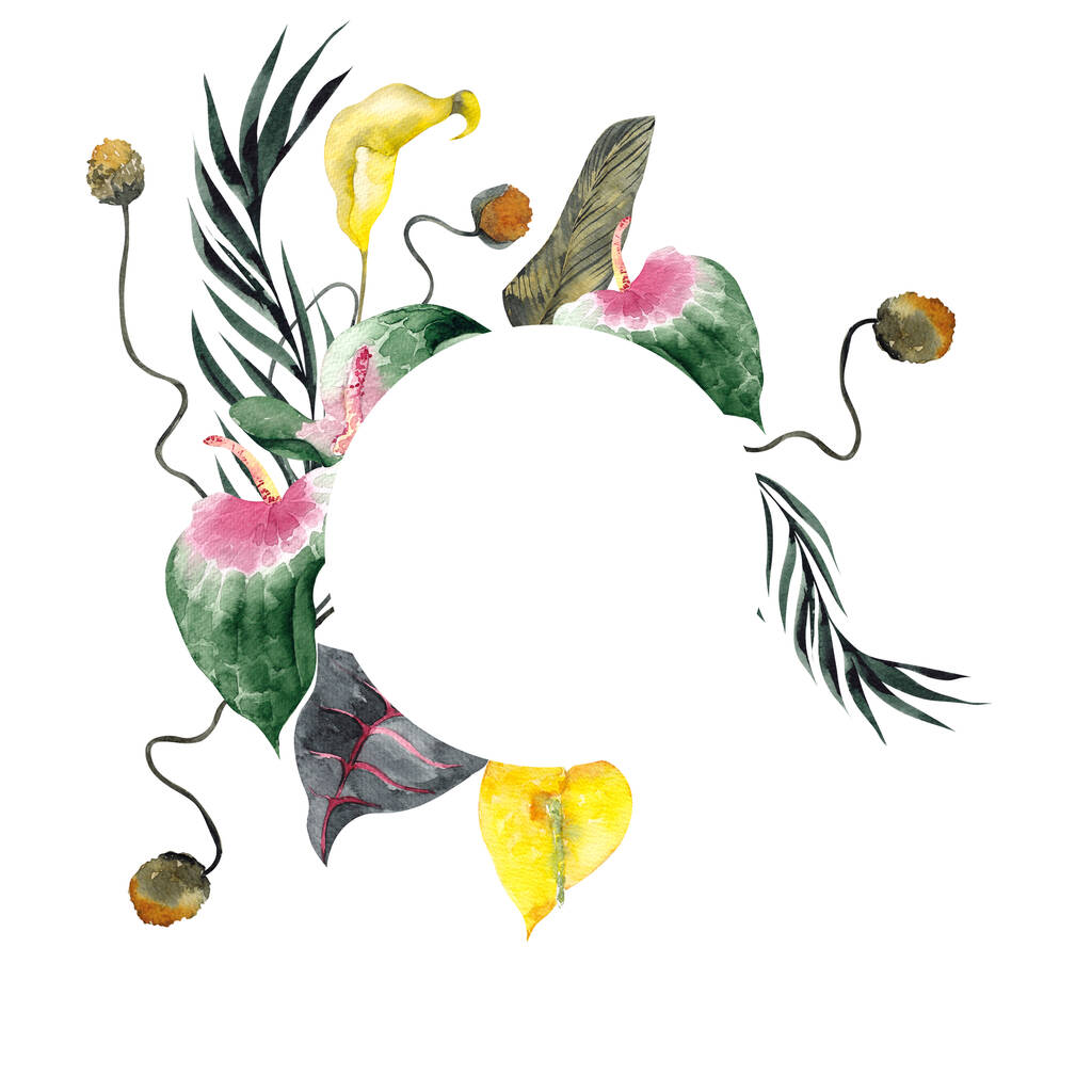 Минималистическая рамка с акварелью руки рисовать тропические цветы и листья, изолированные на белом фоне - Фото, изображение
