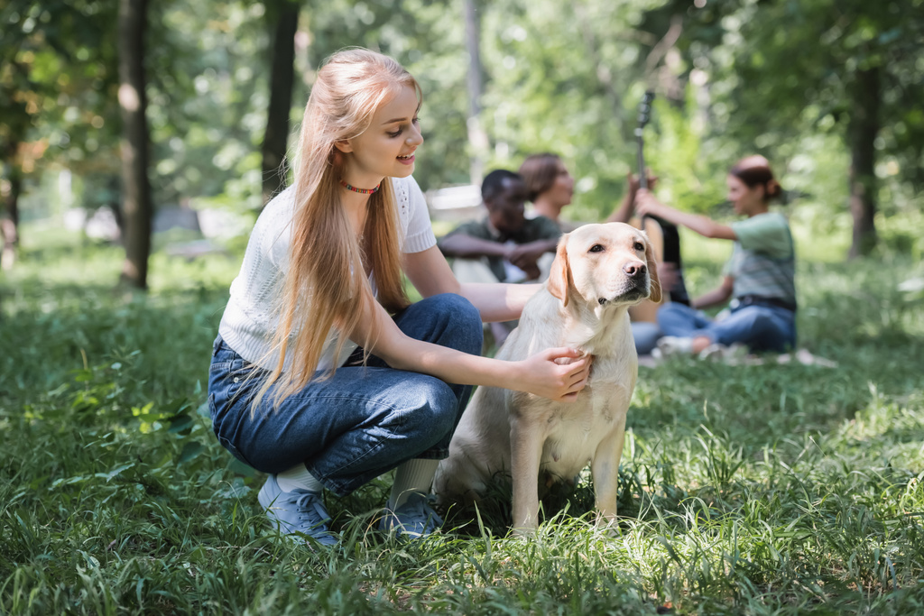 Gülümseyen genç av köpeği parkta bulanık arkadaşlarının yanında.  - Fotoğraf, Görsel