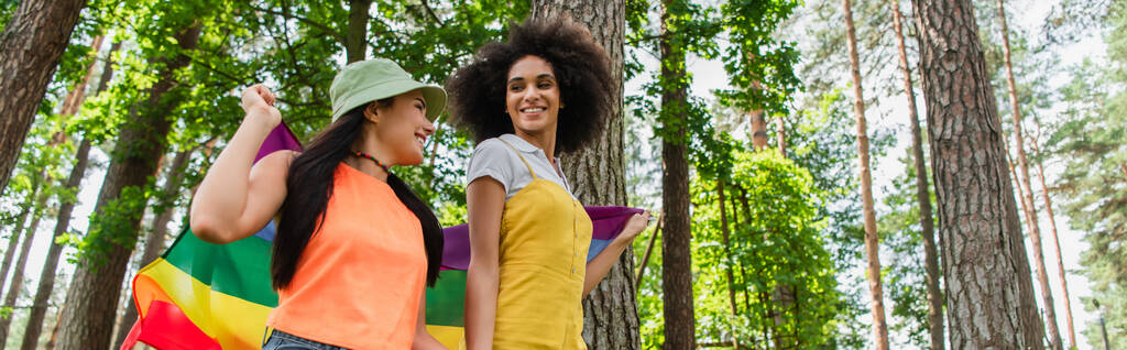 Lage hoek uitzicht op glimlachende Afrikaans-Amerikaanse vrouw met lgbt vlag met vriendin buiten, banner  - Foto, afbeelding