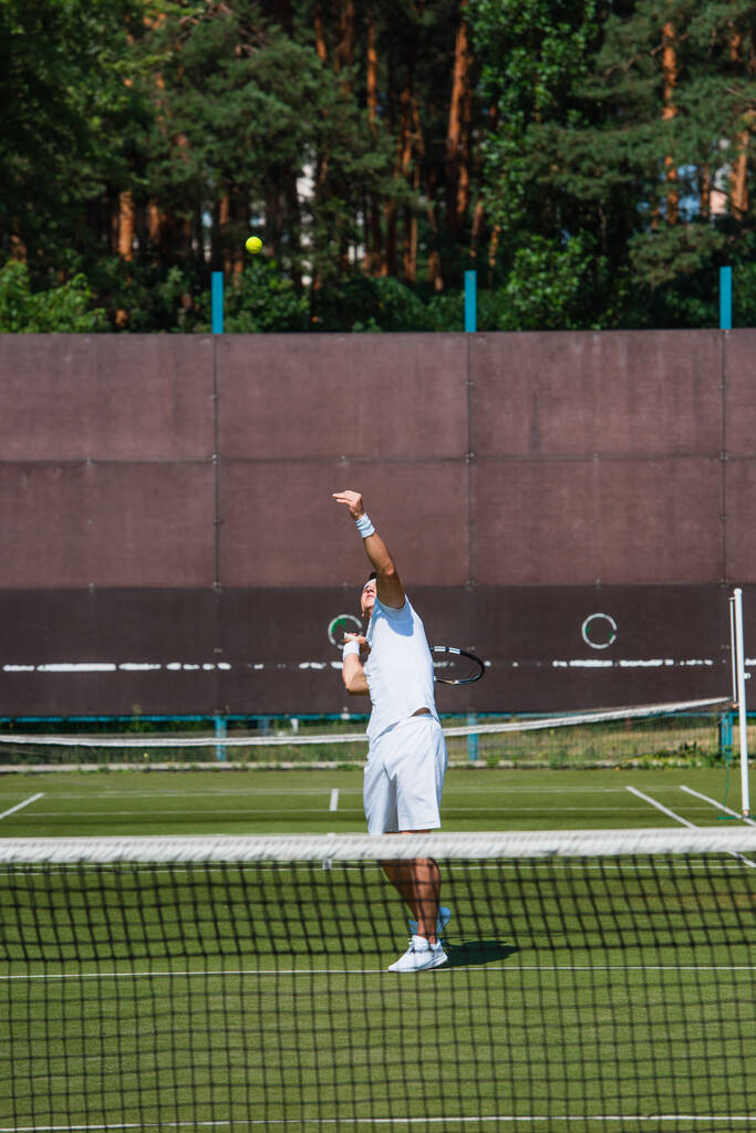 コートの上でぼやけた網の近くでテニスをするスポーツマン  - 写真・画像