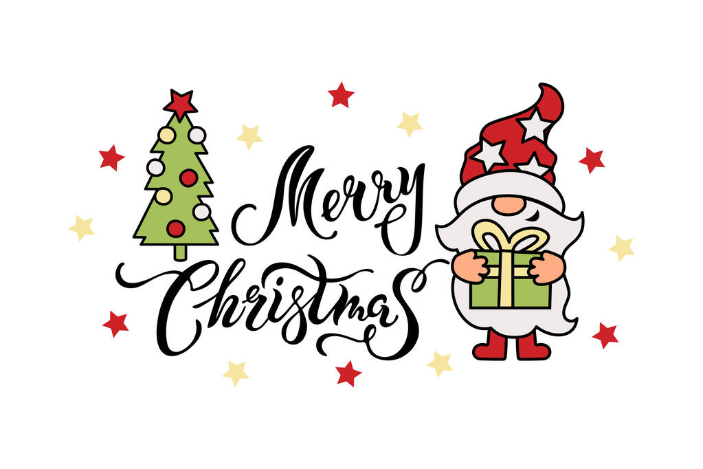 Lettrage manuscrit Joyeux Noël et gnome avec boîte cadeau et arbre de Noël sur fond blanc. Illustration vectorielle. - Vecteur, image