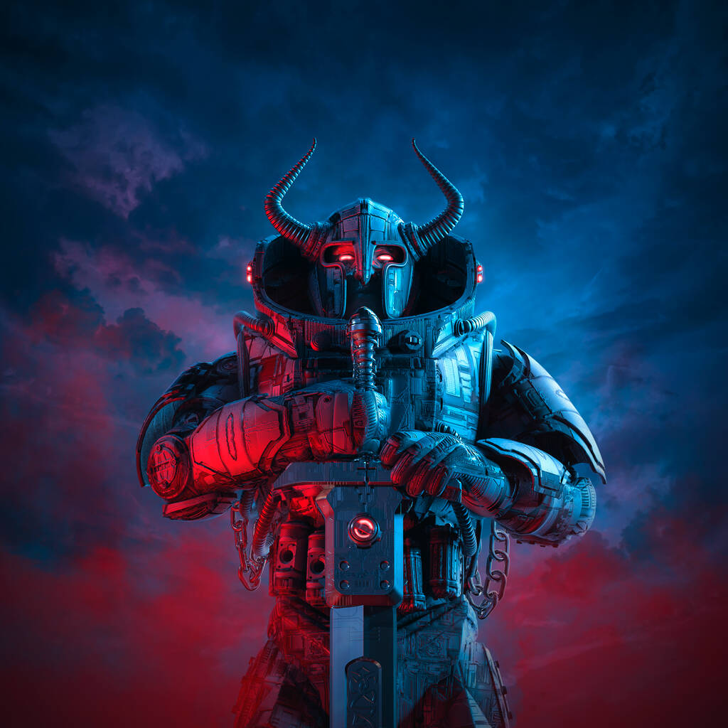 Guerrero vikingo futurista - Ilustración en 3D del caballero robot bárbaro de ciencia ficción con casco con cuernos y espada de batalla contra el oscuro cielo ominoso - Foto, imagen