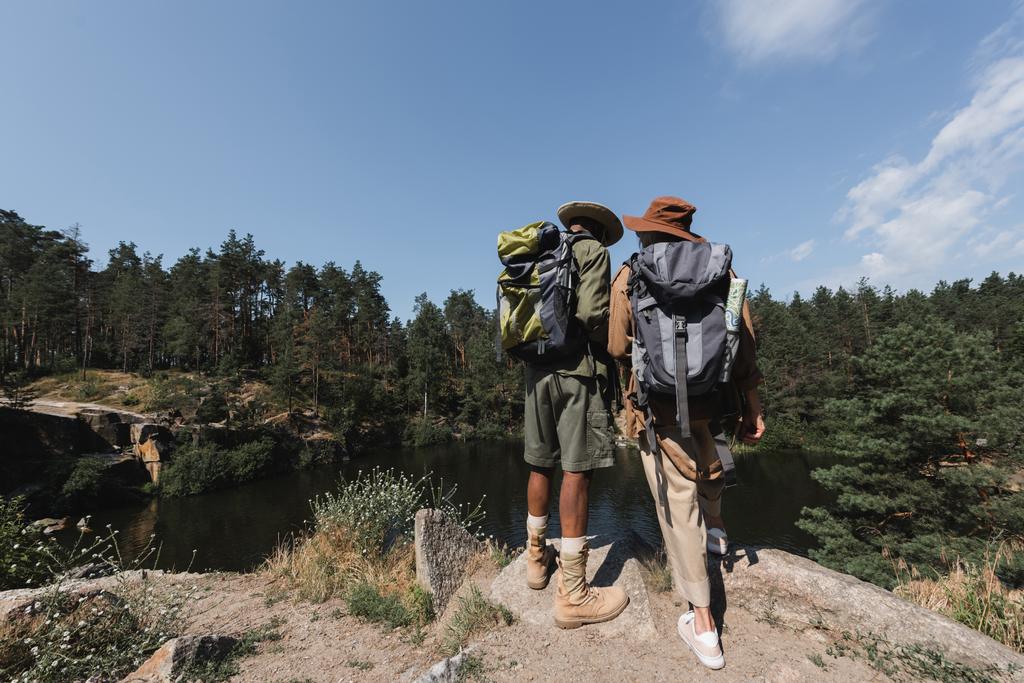 Обратный вид на многонациональных туристов с рюкзаками, стоящими на скале возле озера и леса  - Фото, изображение