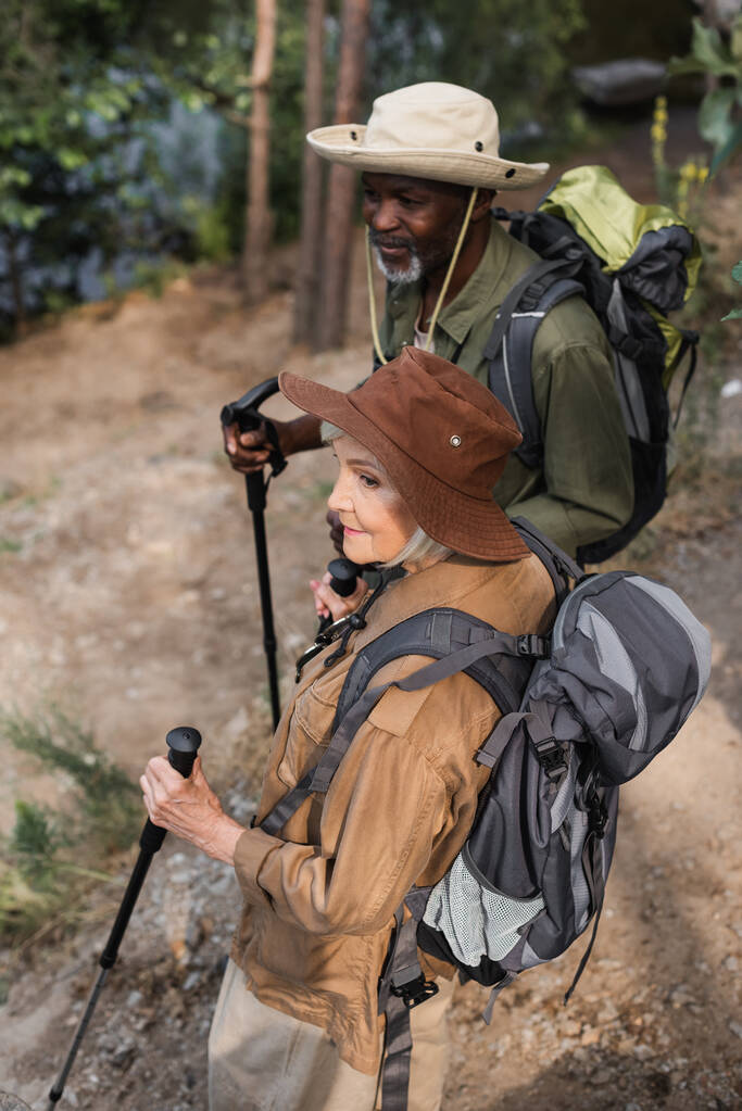 Vue en angle élevé de randonneurs interracial avec des bâtons de trekking debout dans la forêt  - Photo, image