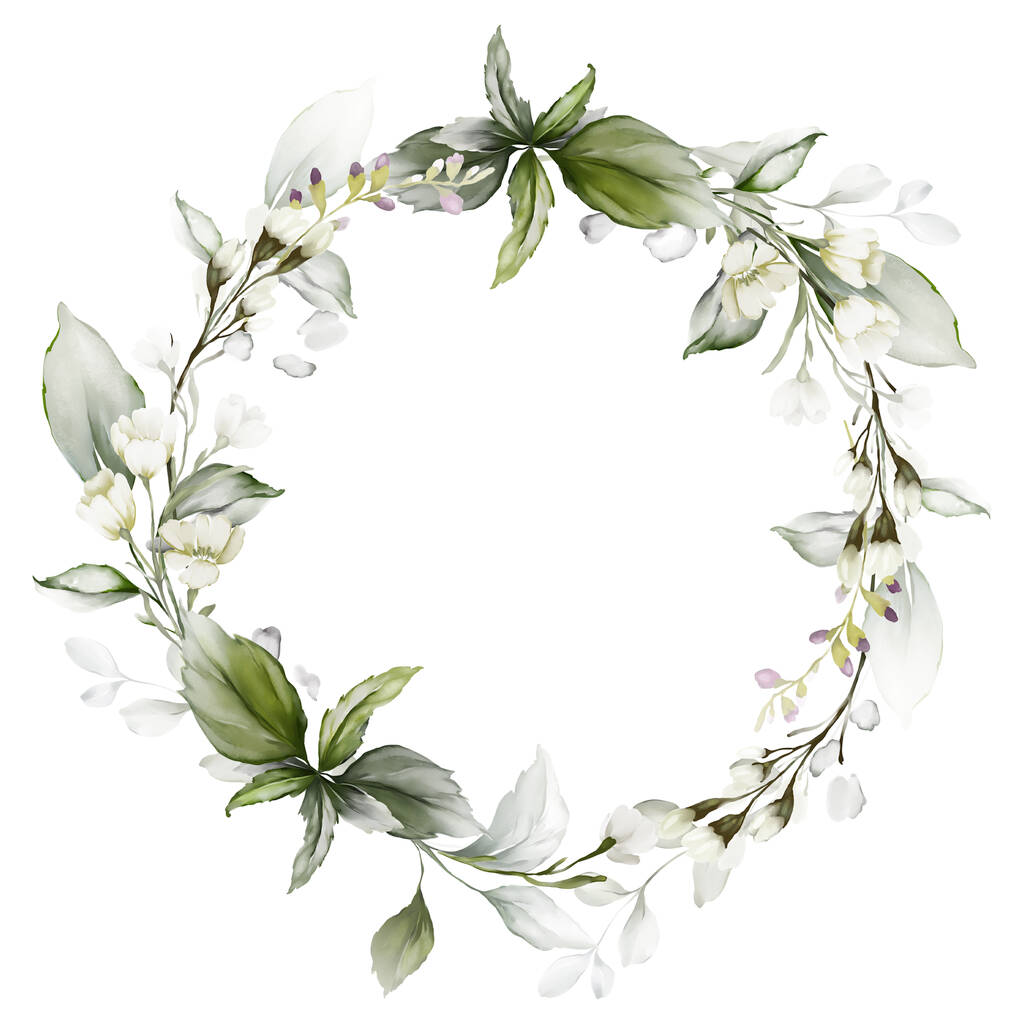 Bruiloft uitnodiging, bloemen krans, wenskaart, aquarel schilderen met plantaardige elementen op een witte achtergrond in moderne stijl. - Foto, afbeelding