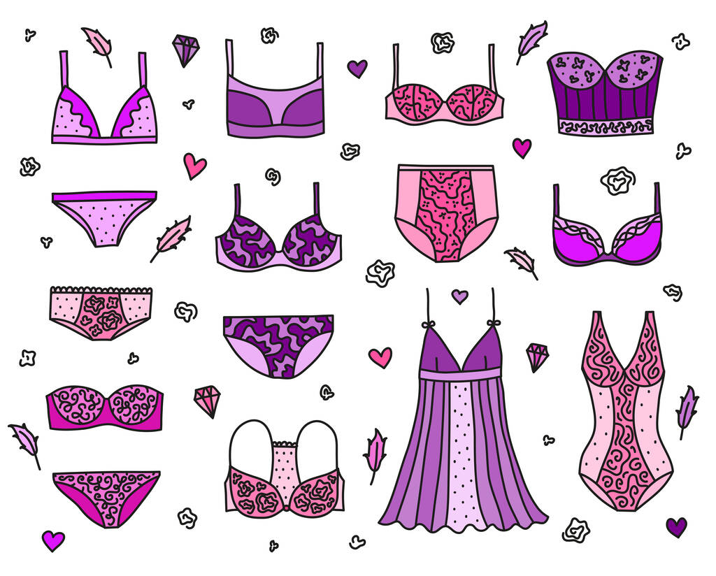 Hand drawn colored collection of women lingerie and nightwear isolated on white background. - Vector, Image
