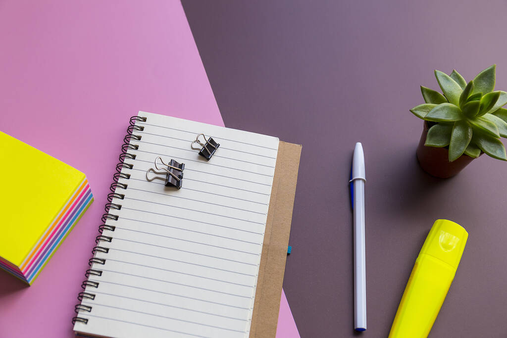 A top view shot of a notebook, sticky paper, pen, and a plant on a pink and brown background - Photo, Image