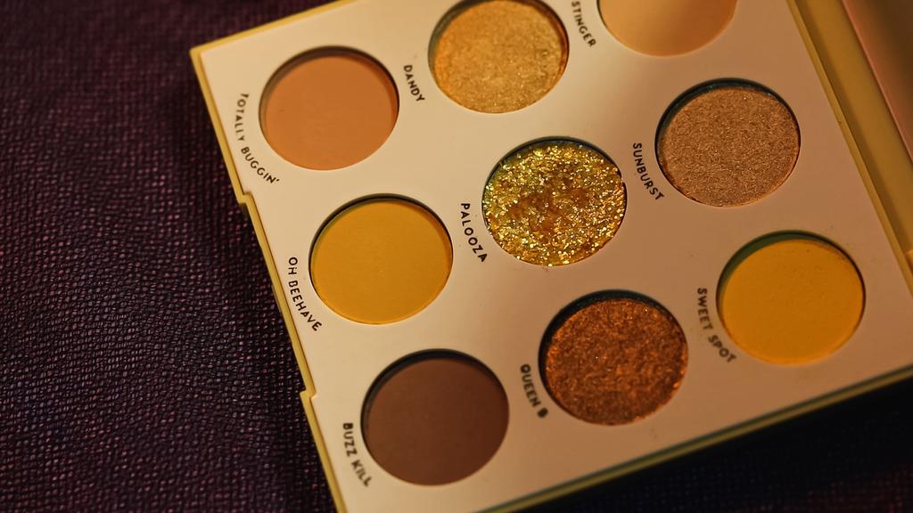 high angle view of set with colorful eye shadow with shimmer  - Photo, Image