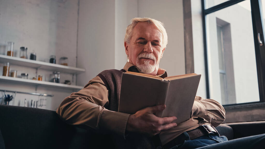бородатый пожилой человек читает книгу дома  - Фото, изображение