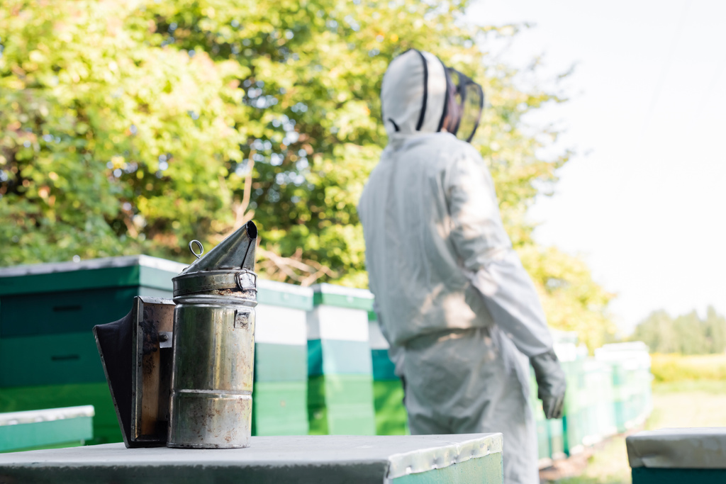 enfoque selectivo del fumador de abejas cerca de colmenas y apicultor borroso en traje protector - Foto, imagen