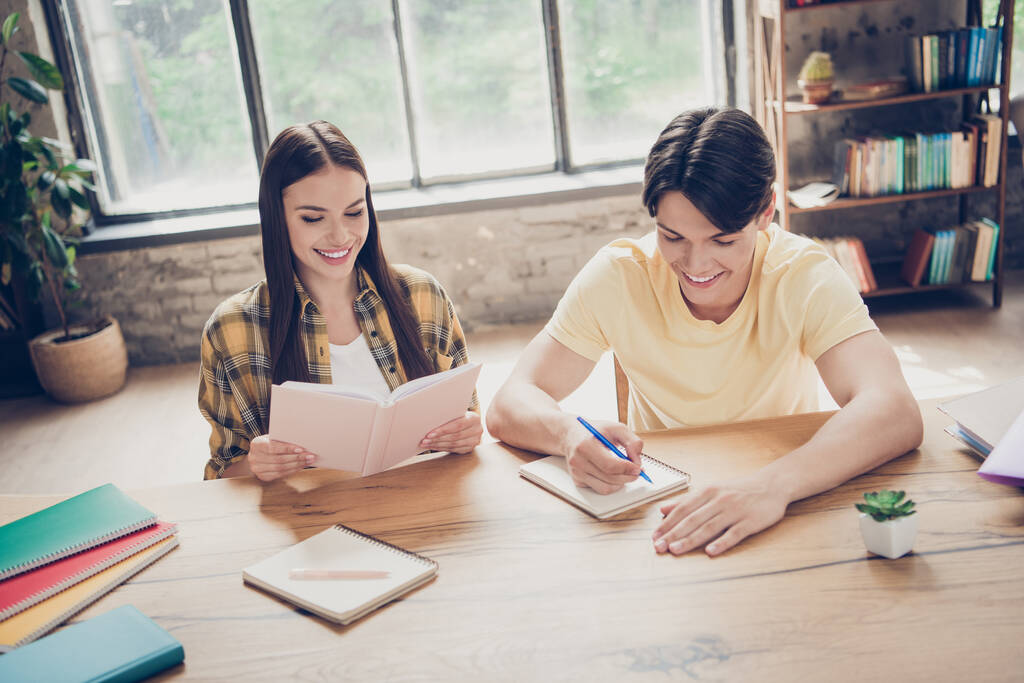 Portrait von zwei attraktiven fröhlichen fleißigen Lernenden, die Hausaufgaben schreiben Aufsatz Übungsobjekt drinnen - Foto, Bild
