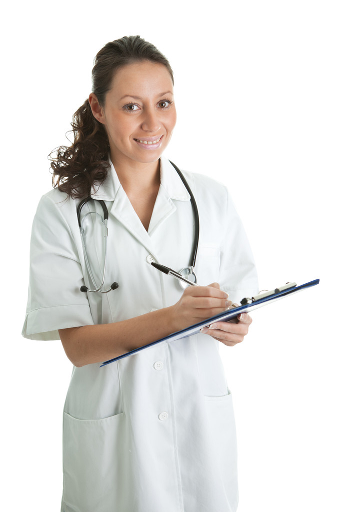 Cheerful médecin femme remplissant prescription
 - Photo, image