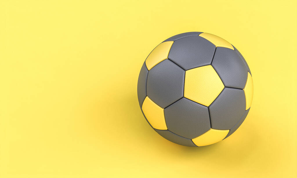 γκρι και κίτρινη μπάλα ποδοσφαίρου σε κίτρινο φόντο σε επίπεδο στυλ lay. 3d απόδοση. - Φωτογραφία, εικόνα