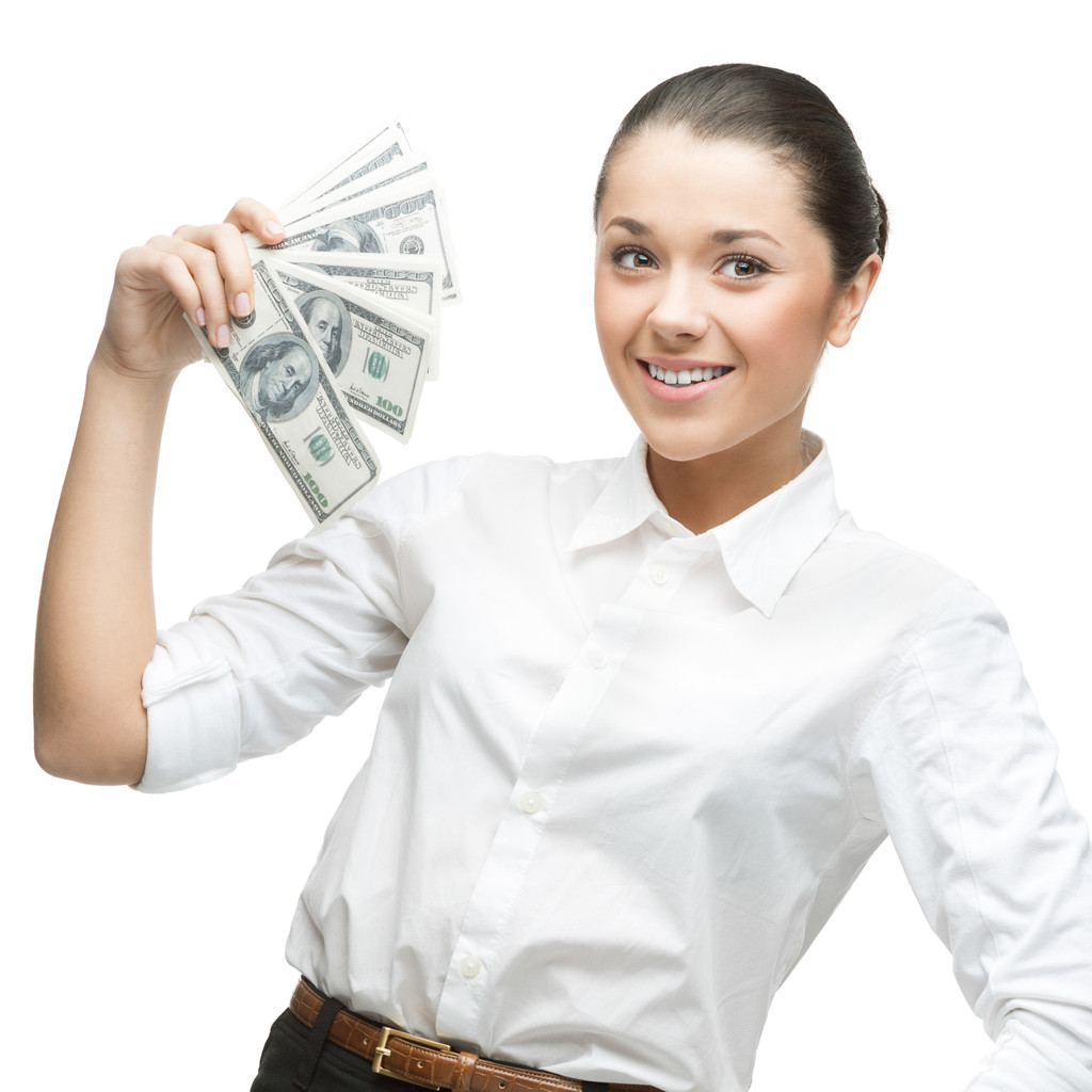 young cheerful businesswoman holding money - Photo, Image