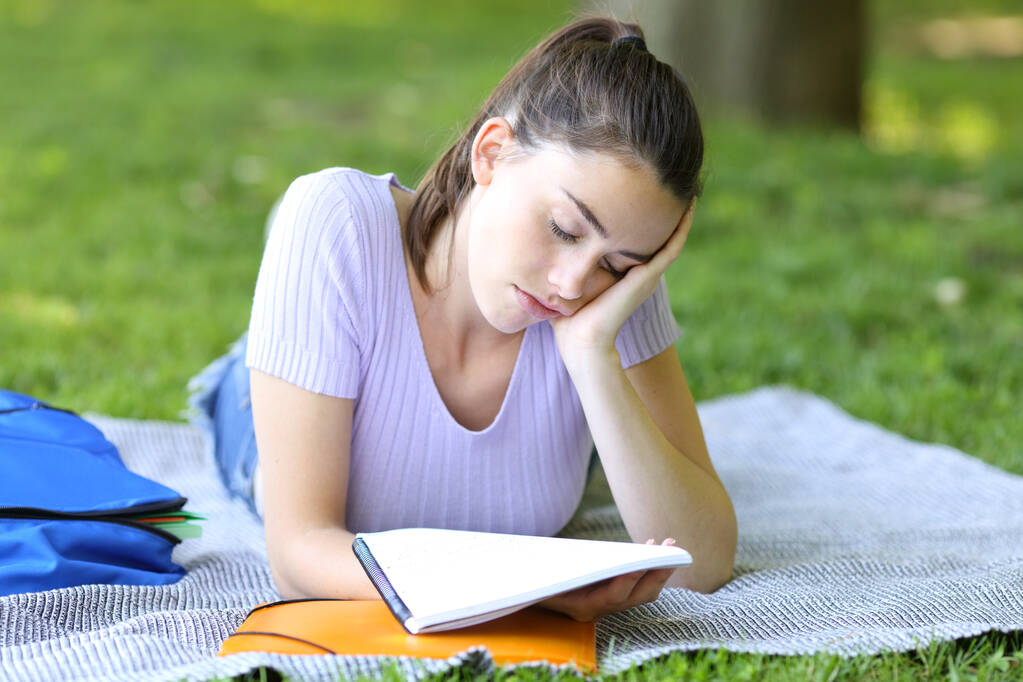 Estudiante dormido tratando de memorizar notas tumbado en el césped en un parque o campus - Foto, Imagen