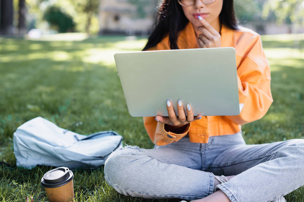 vista recortada de la mujer reflexiva sentada en la hierba con el ordenador portátil cerca de la taza de papel - Foto, imagen