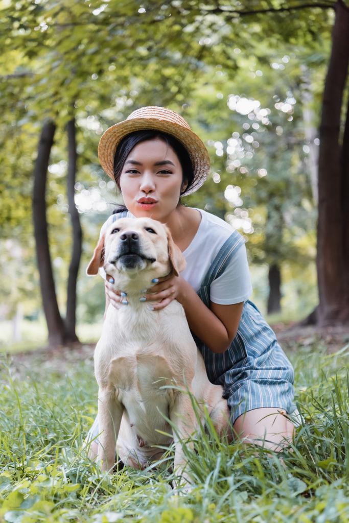 Asijské žena při pohledu na kameru při objímání labrador pes v parku - Fotografie, Obrázek