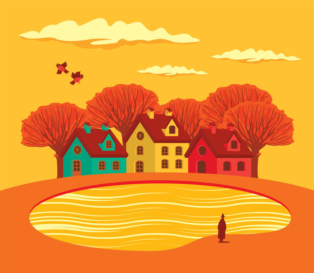 Sonbahar manzarası, sararmış ağaçlar, gökyüzünde bulutlar, şirin renkli evler ve büyük su birikintisinin yanında yalnız insan. Çizgi film tarzında sonbahar sarı ve turuncu renklerde dekoratif vektör çizimi - Vektör, Görsel