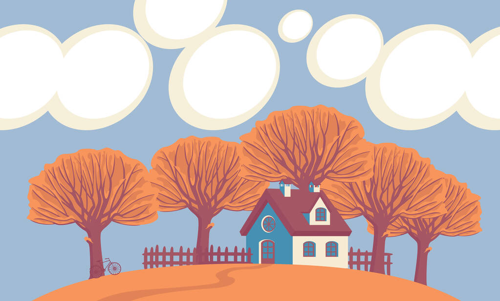 Осенний пейзаж с небольшим деревенским домом, пожелтевшими деревьями и облаками в голубом небе. Декоративный векторный баннер в стиле мультфильма. Осенняя иллюстрация милых детей - Вектор,изображение